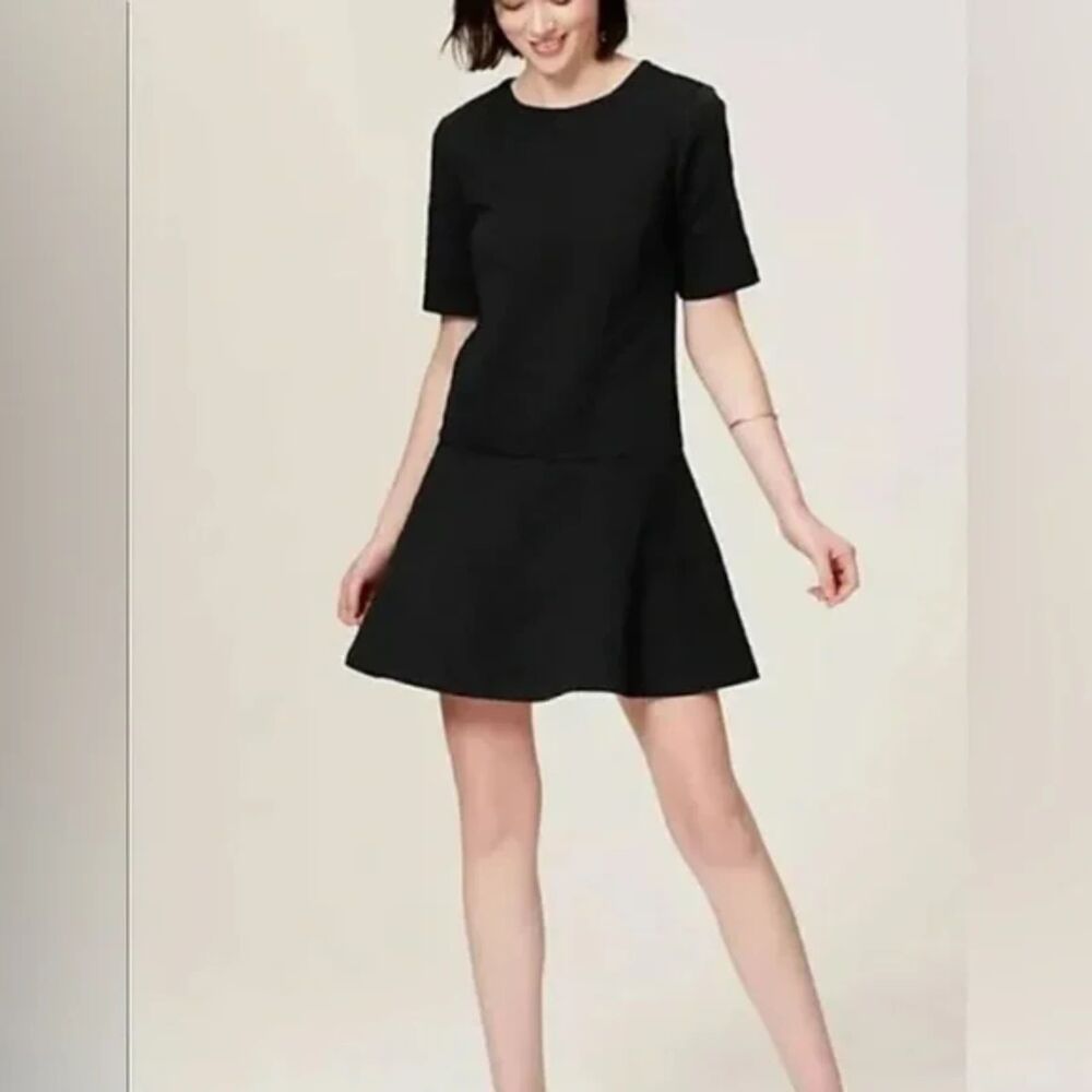 LOFT Black Quilted Drop Waist Twirl Dress Medium Capsule Piece Minimalist